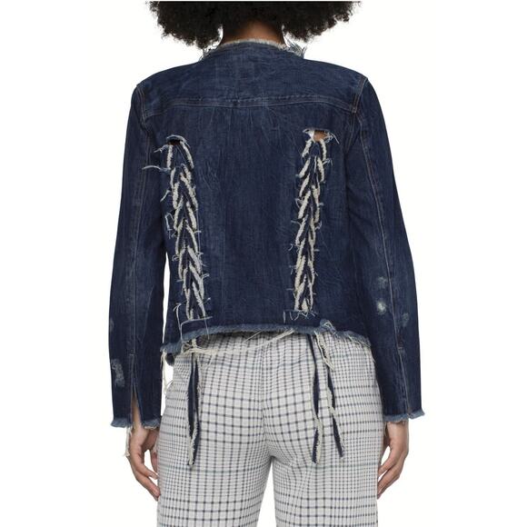 Liverpool Lace Up Jacket Distressed Button Front LS Denim Women's Size Medium - Picture 11 of 14